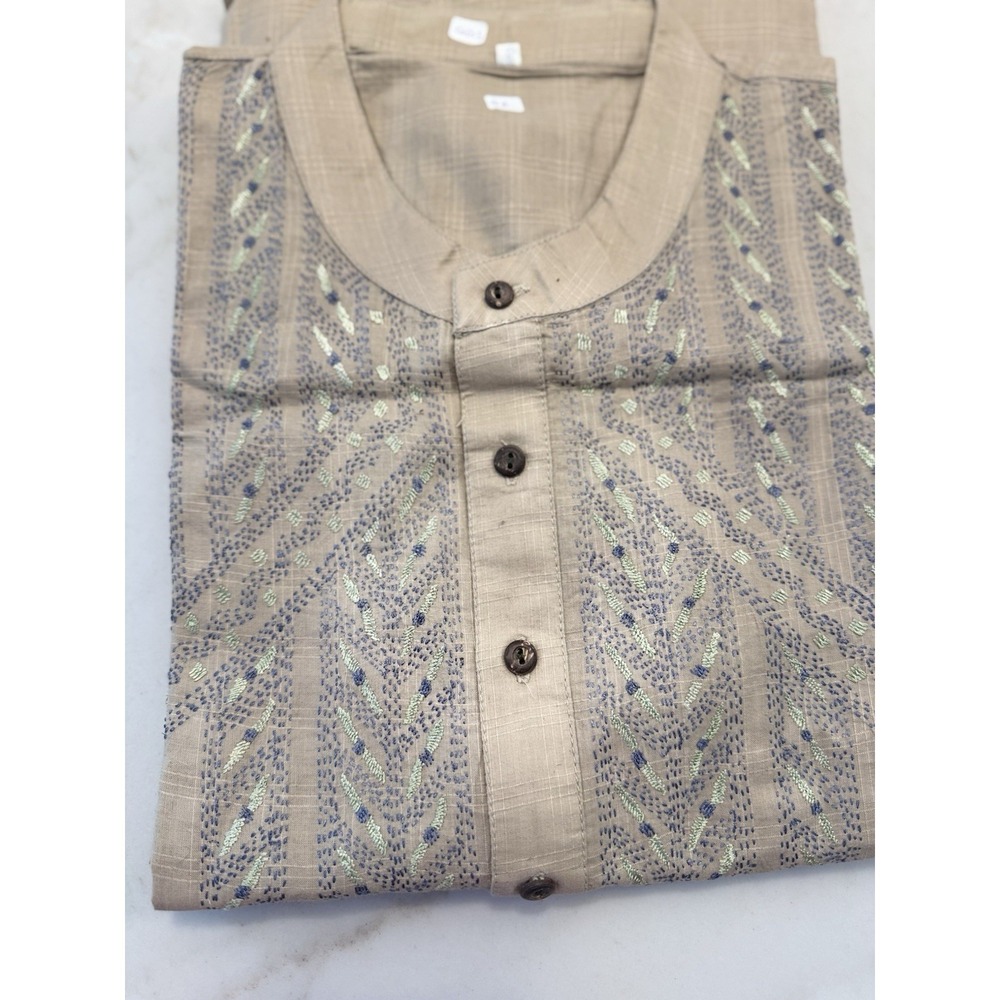Men's Embroidered Kurta Kameez Tan Beige Long Sleeve Tunic Size 46 NEW NWOT